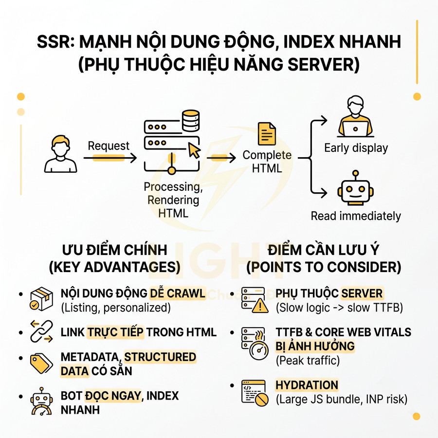 Infographic quy trình SSR, ưu điểm nội dung động dễ crawl và các điểm cần lưu ý về hiệu năng server